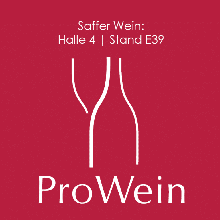 Logo der ProWein mit Halle und Stand von Saffer Wein
